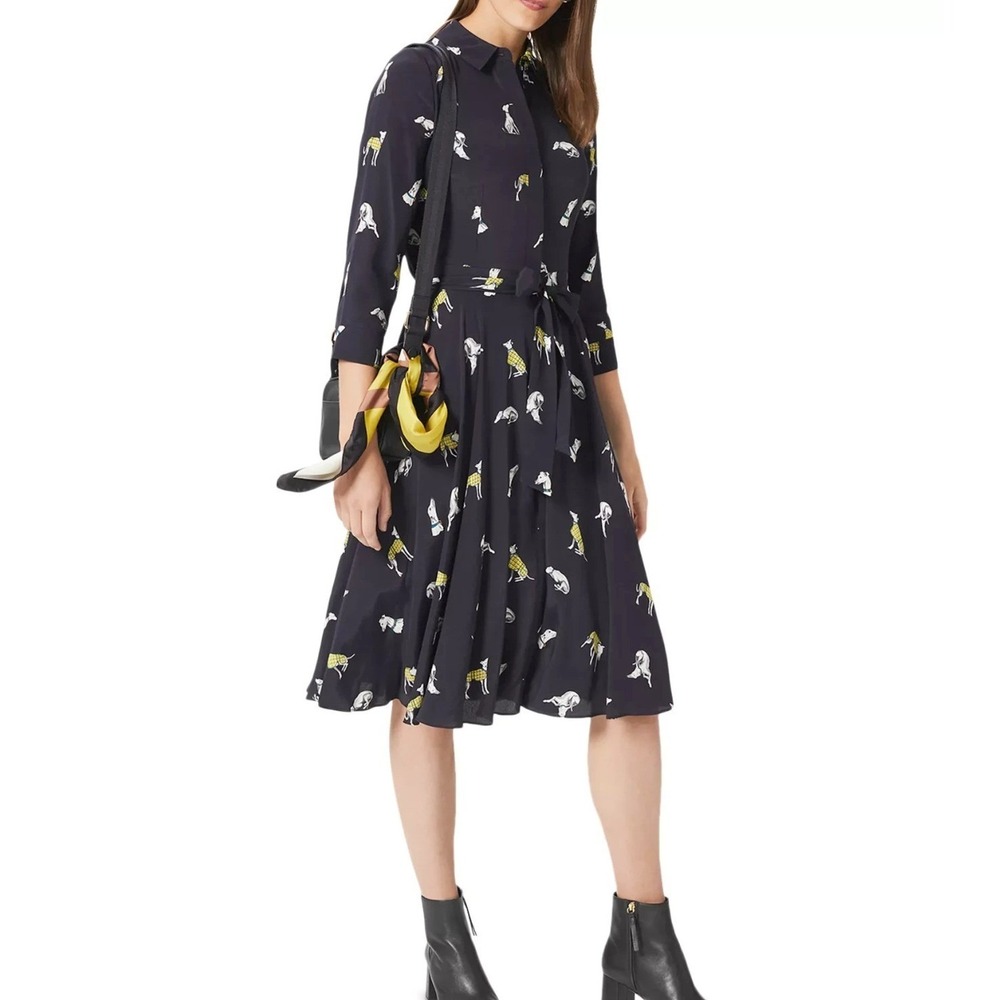 Hobbs London Antonella Size Small Black Dog Print 100% Silk Novelty Shirt Dress